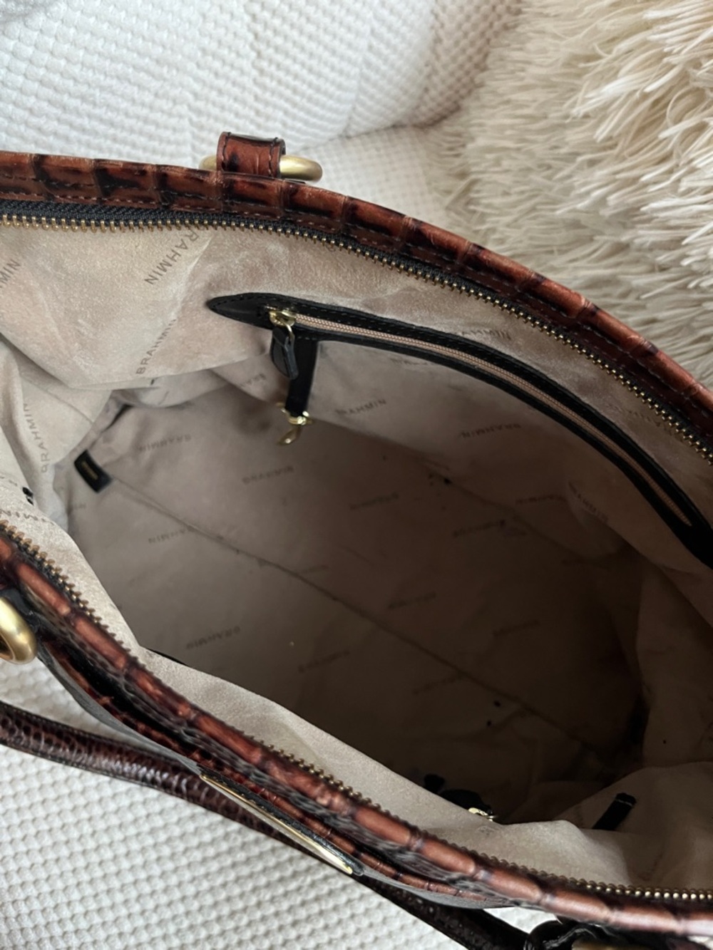 Brahmin Arno Tuscan Tote - Black Leather Tote w/ Brown Croc Trim - Picture 12 of 16